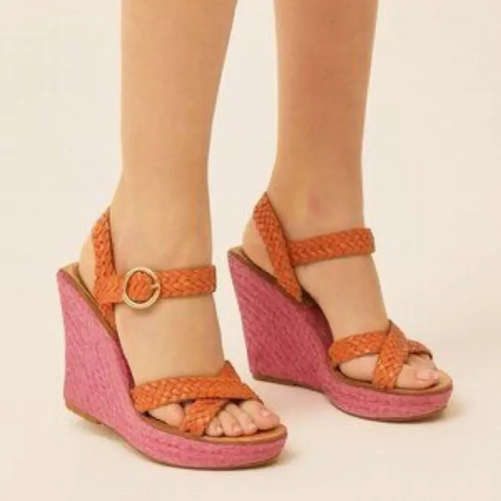 Diane Von Furstenberg DVF Braided Wedge Heel Sandals Pink Orange Size 7.5